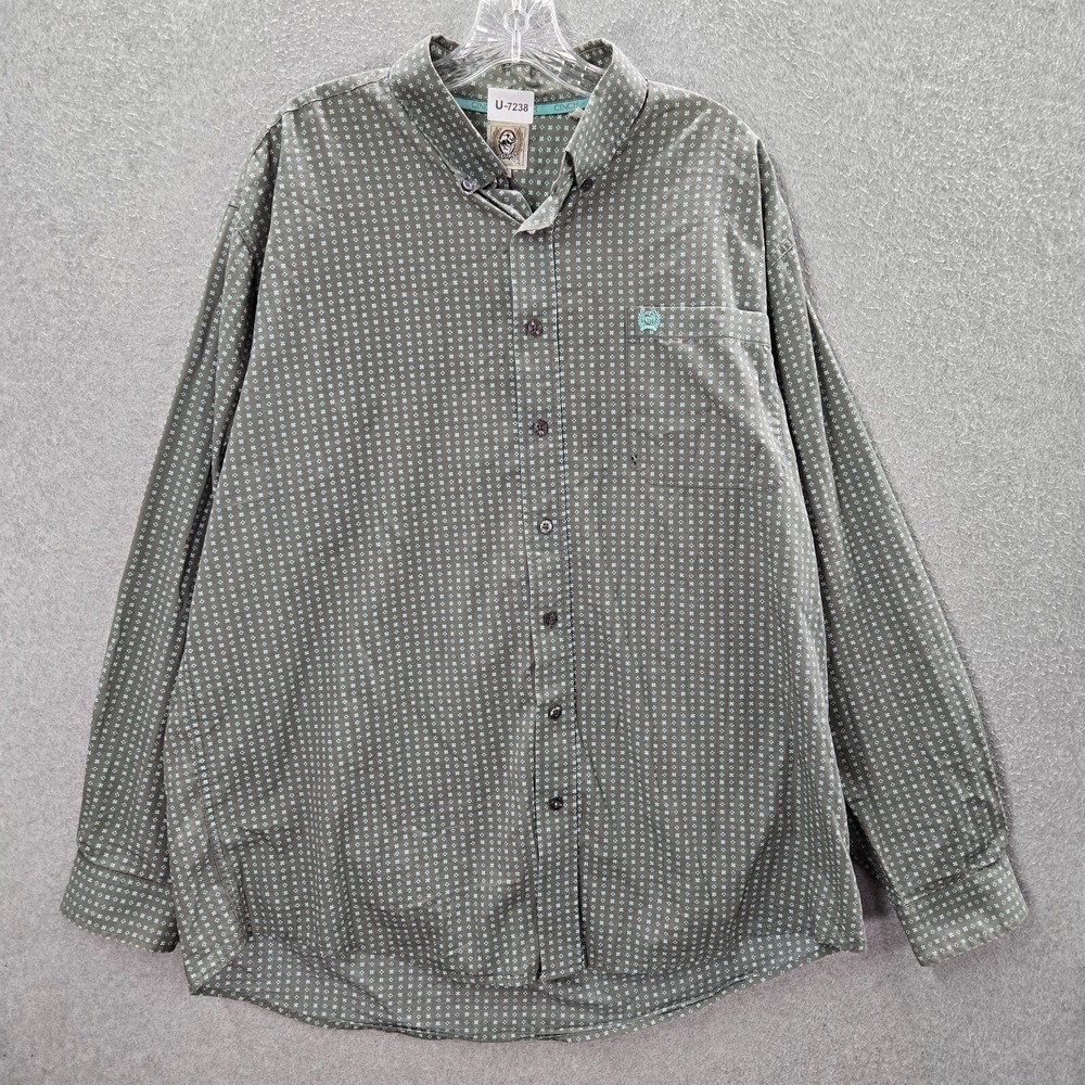 Cinch Men Button Up Shirt Large Gray Geometric Western Rodeo Pocket Collar READ